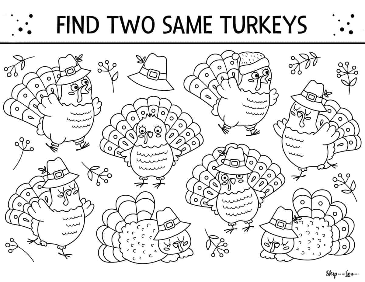 Thanksgiving worksheet with different turkeys pictured. Find two that are the same.