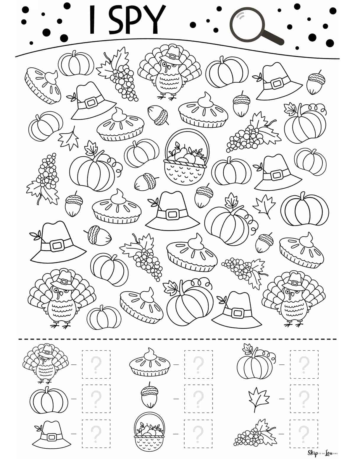 Thanksgiving I Spy worksheet Fill in the number of items found at the bottom for turkeys, pumpkins, Pilgrim hats, pie, acorns, basket of fruit, pumpkins with a leaf, and grapes