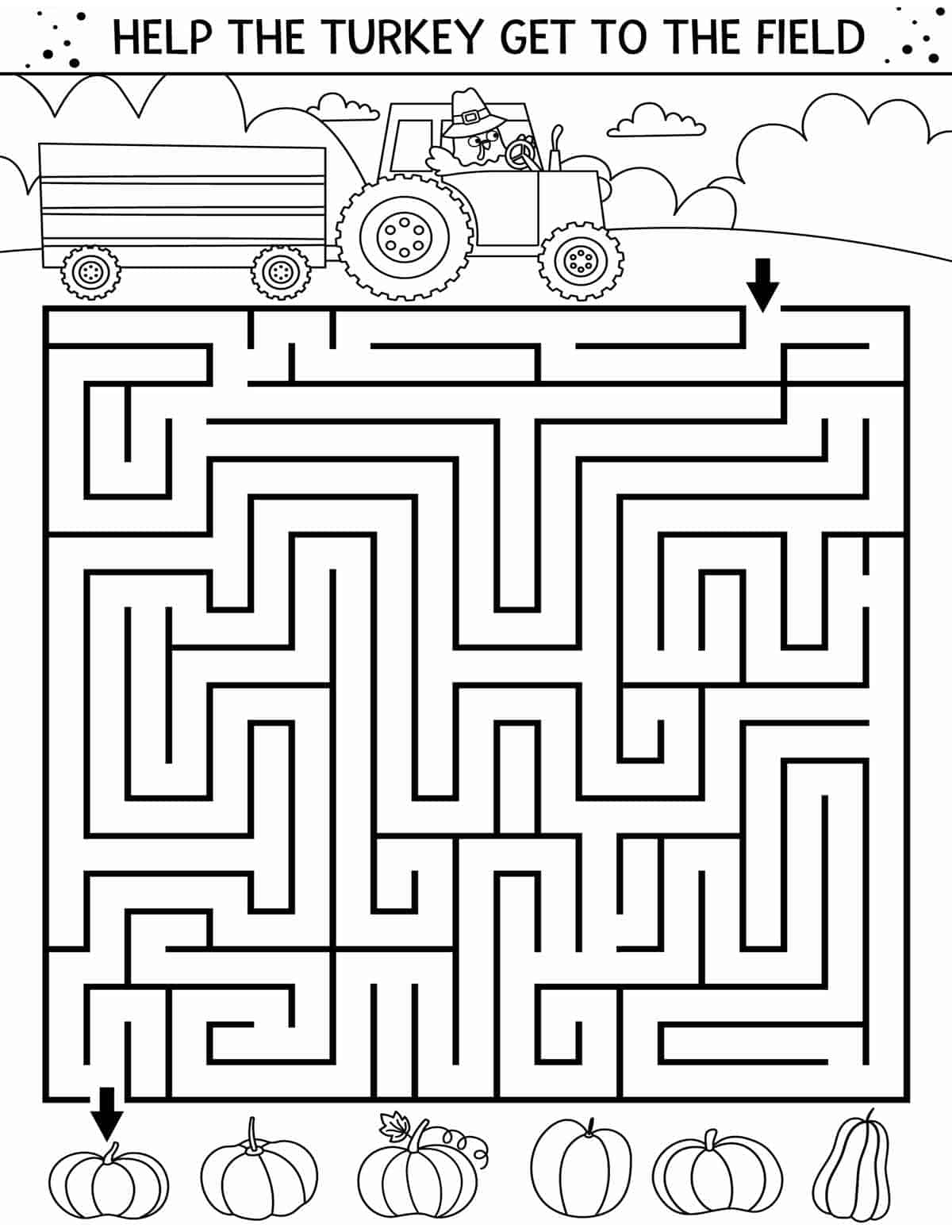 Thanksgiving maze with a turkey driving a tractor to get to the pumpkin field