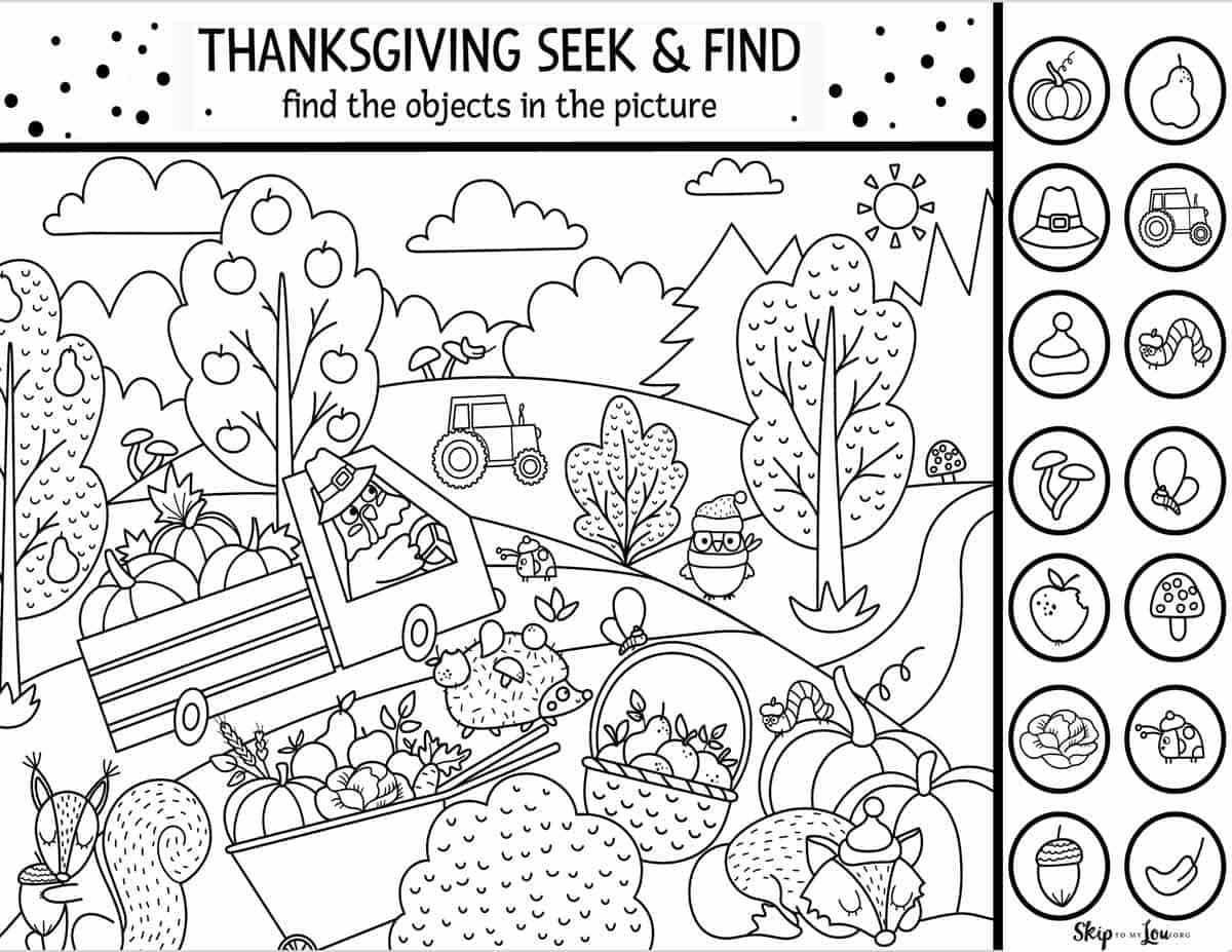 Thanksgiving seek and find with pictures of objects on the right side to find in the picture on the left