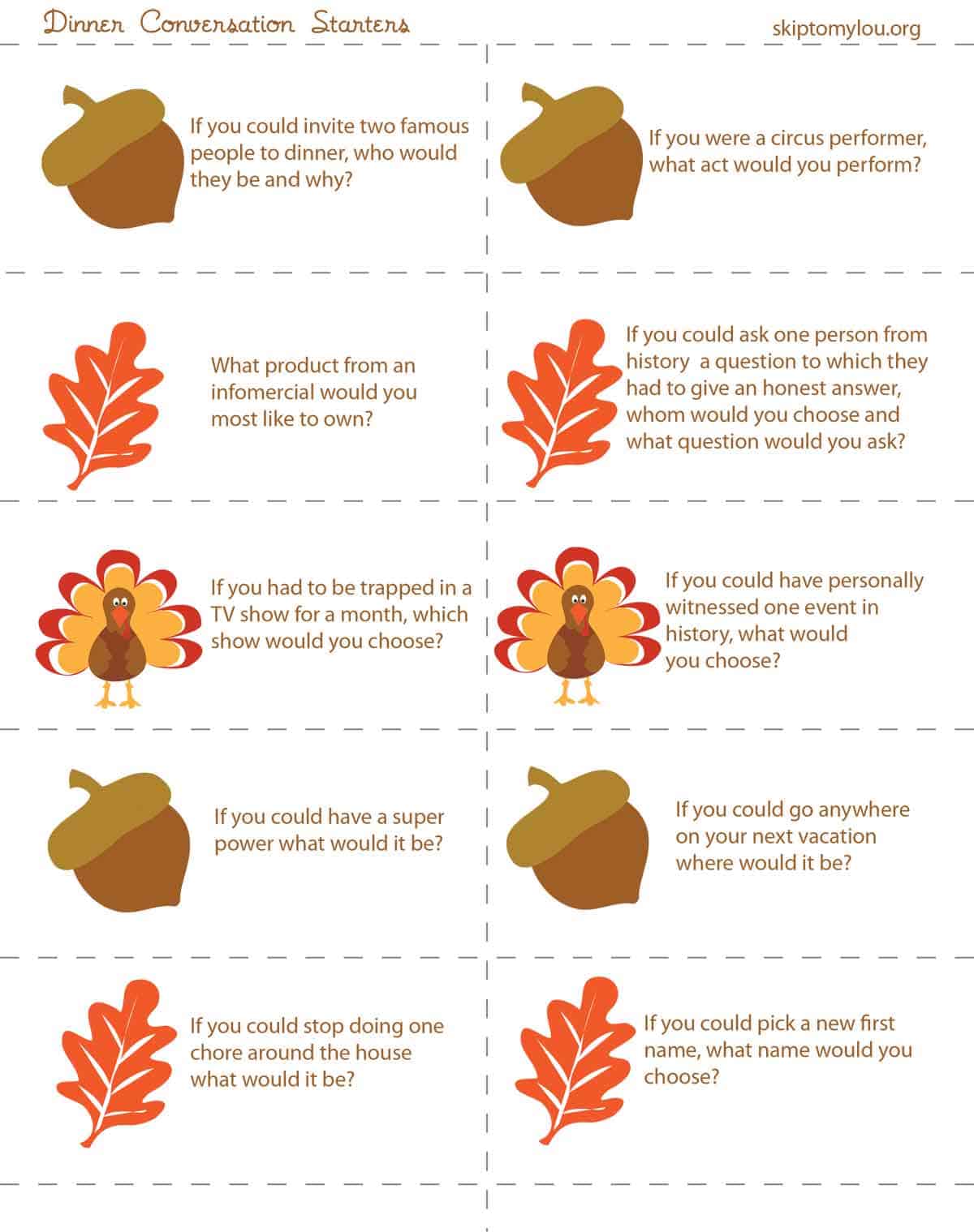 Printable dinner conversation starters for Thanksgiving.