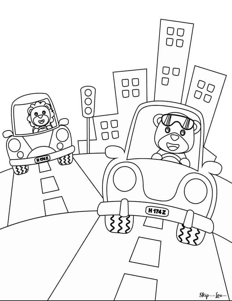 two cartoon cars with animals driving on road coloring page