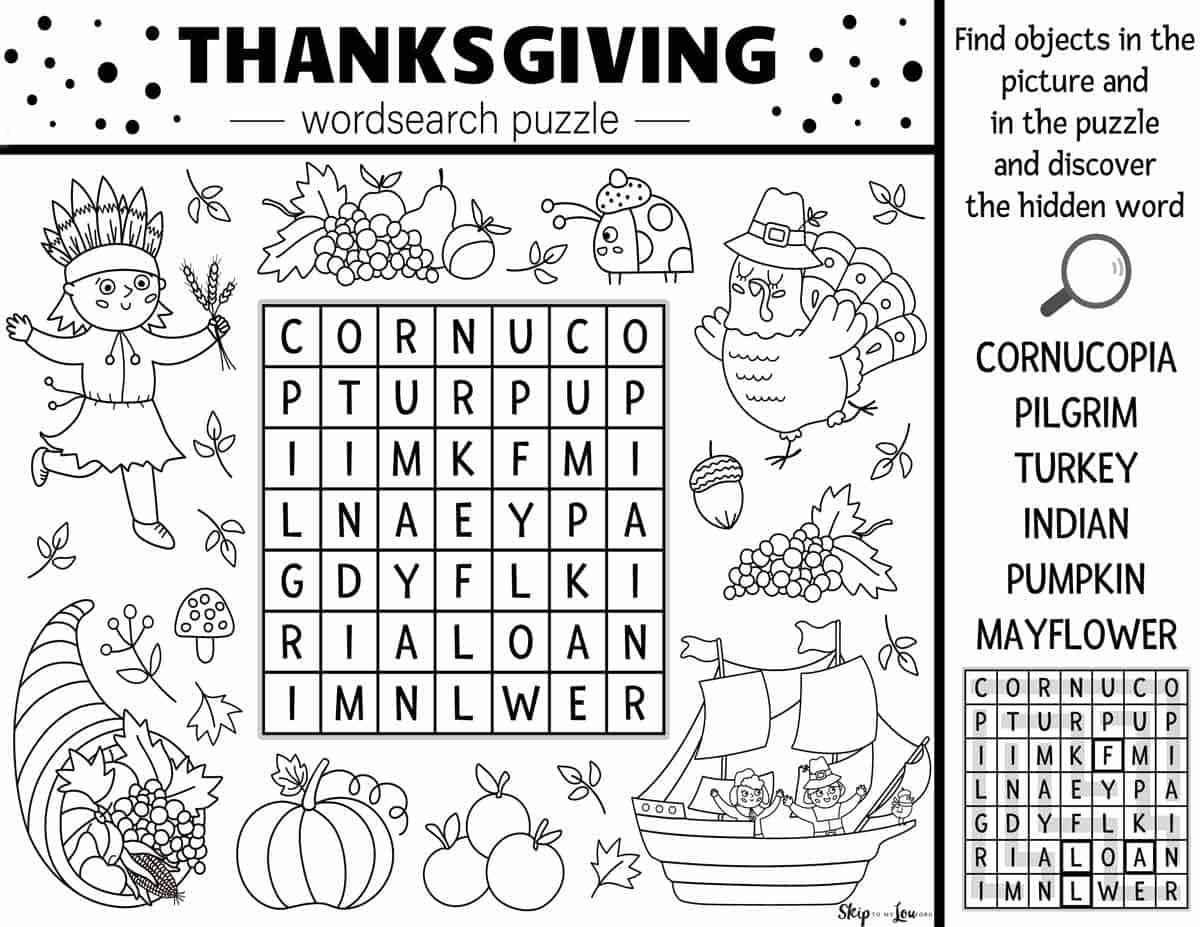 kids Thanksgiving word search