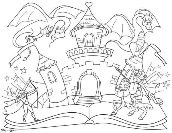 fairy tale open book with castle and knights
