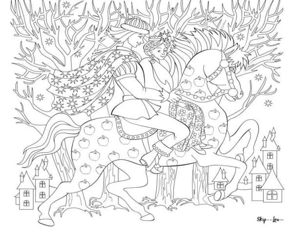Black and white drawing of a prince and princess riding a horse decorated with apples all over its body. The horse is running in front of the woods with a castle in the background by Skip to my Lou.