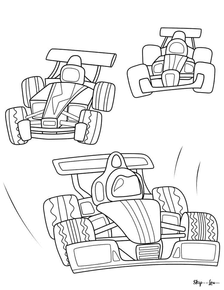three zooming race cars coloring page