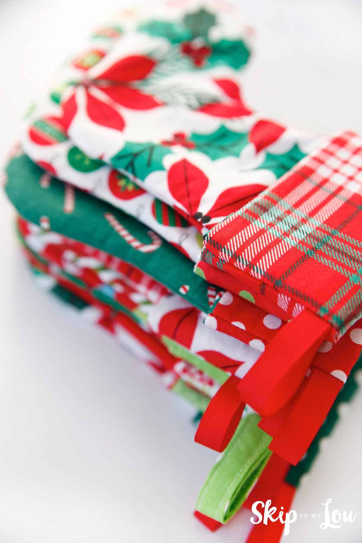 stack of sewn Christmas stockings