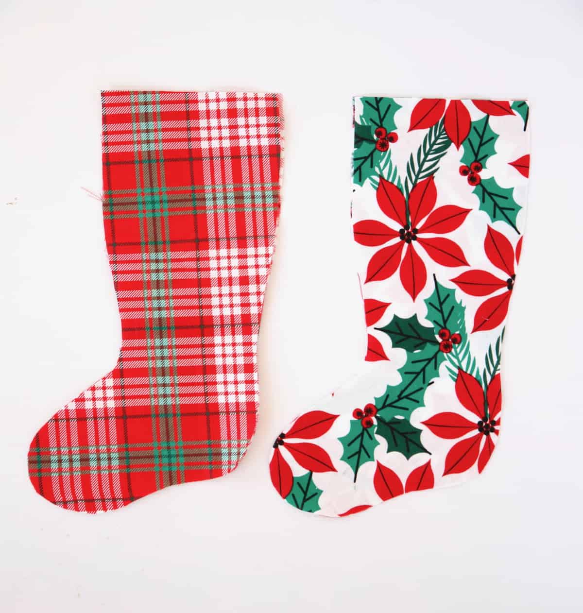 two pieces of fabric cut in stocking shape