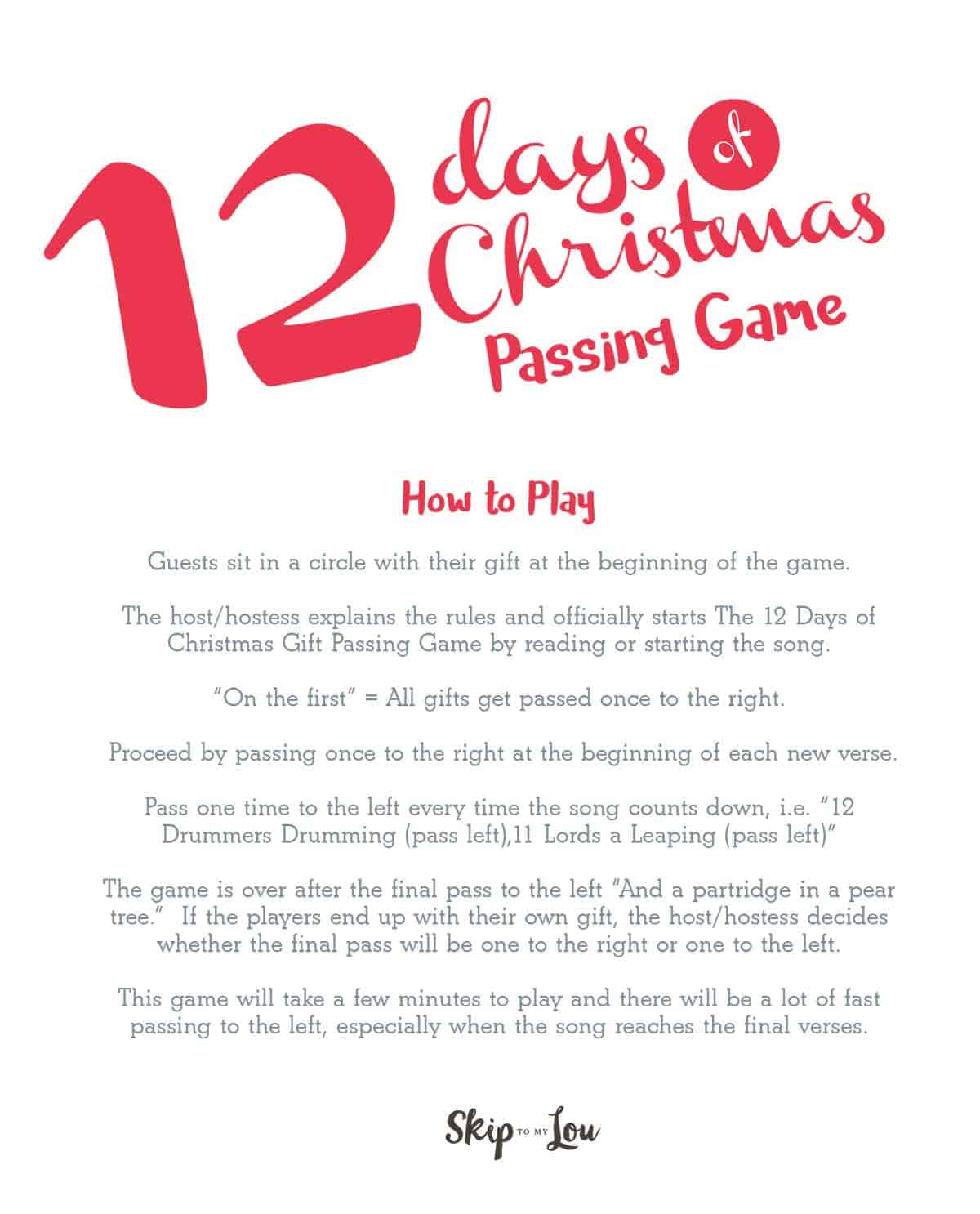 12 days of Christmas Passing Game instructions free printable