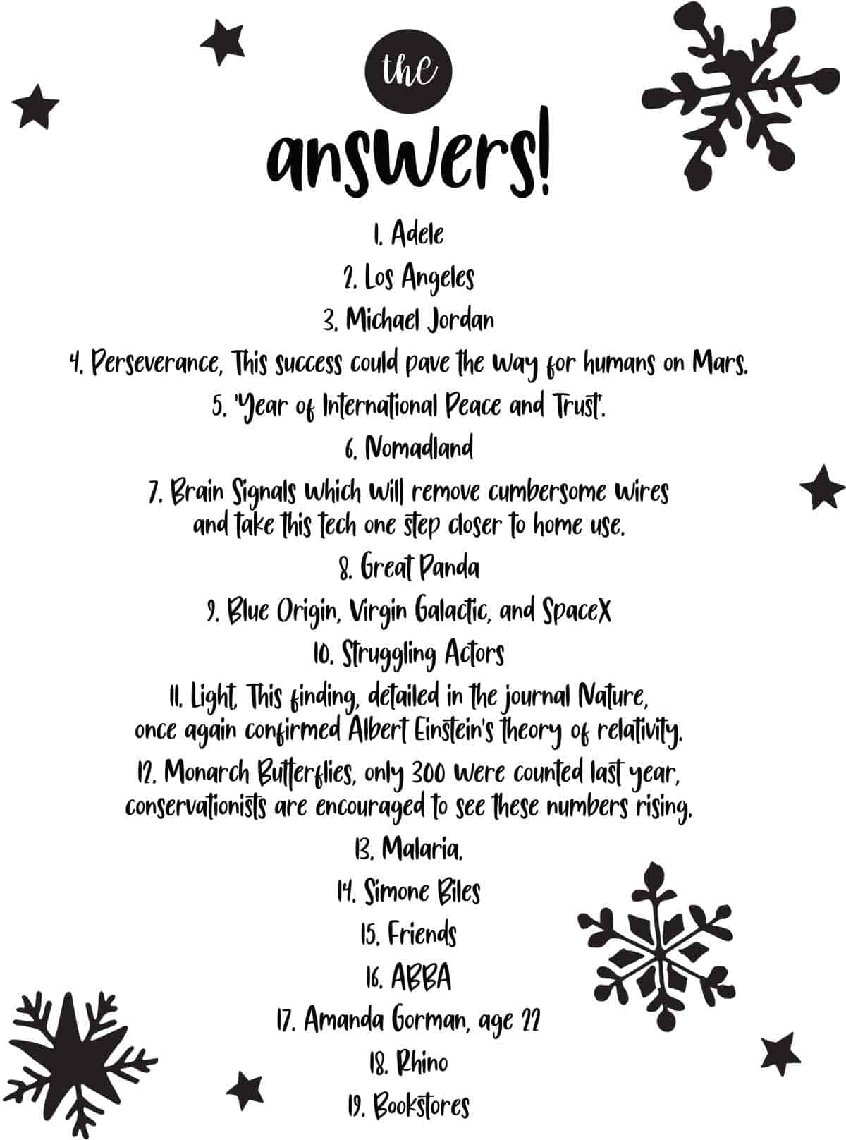 2021 trivia answers