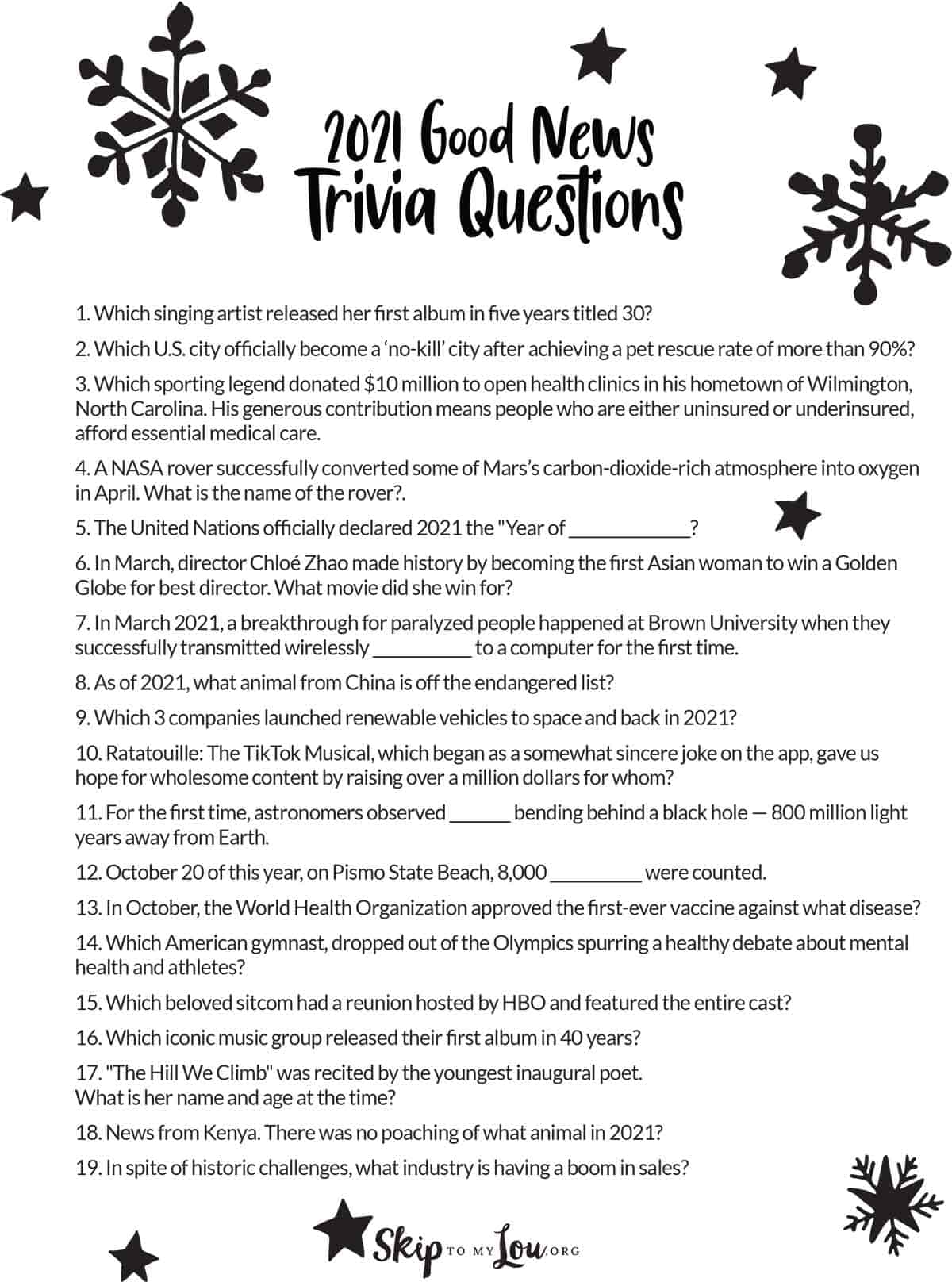 2021 good news trivia questions