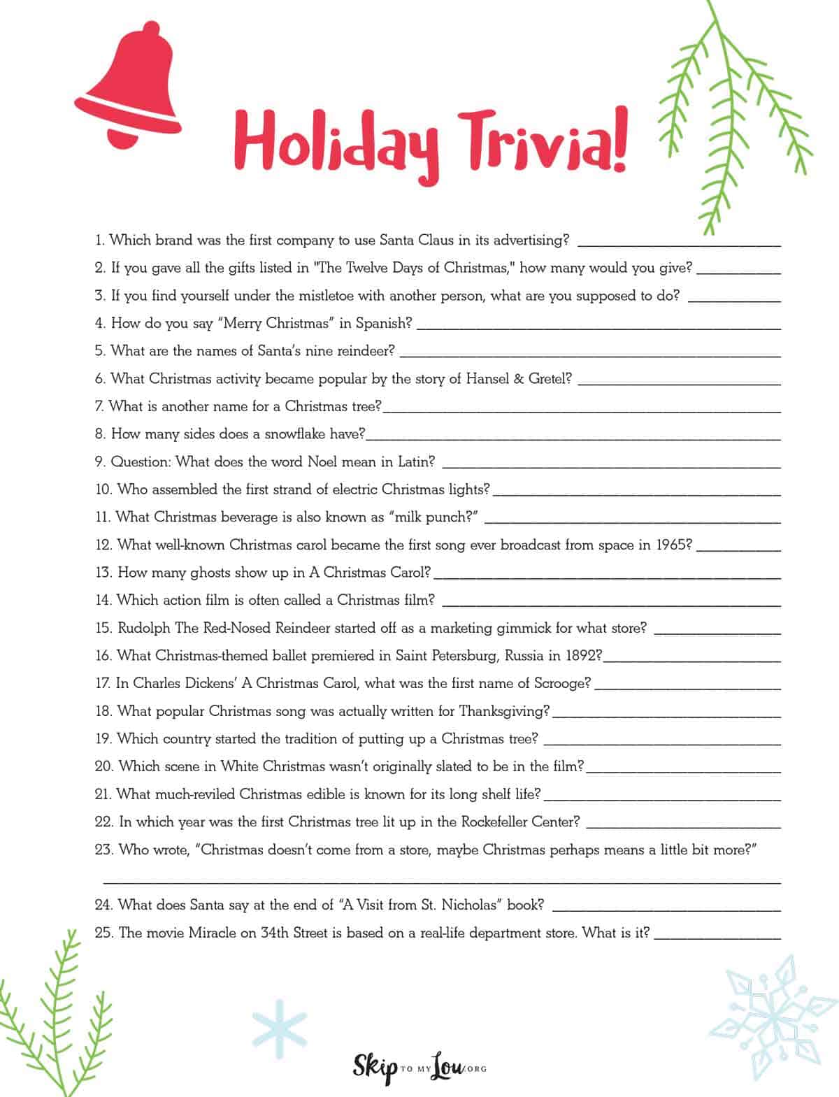Holiday Christmas trivia questions free trivia