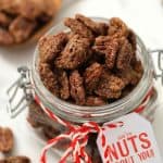candied pecans in jar with gift tag