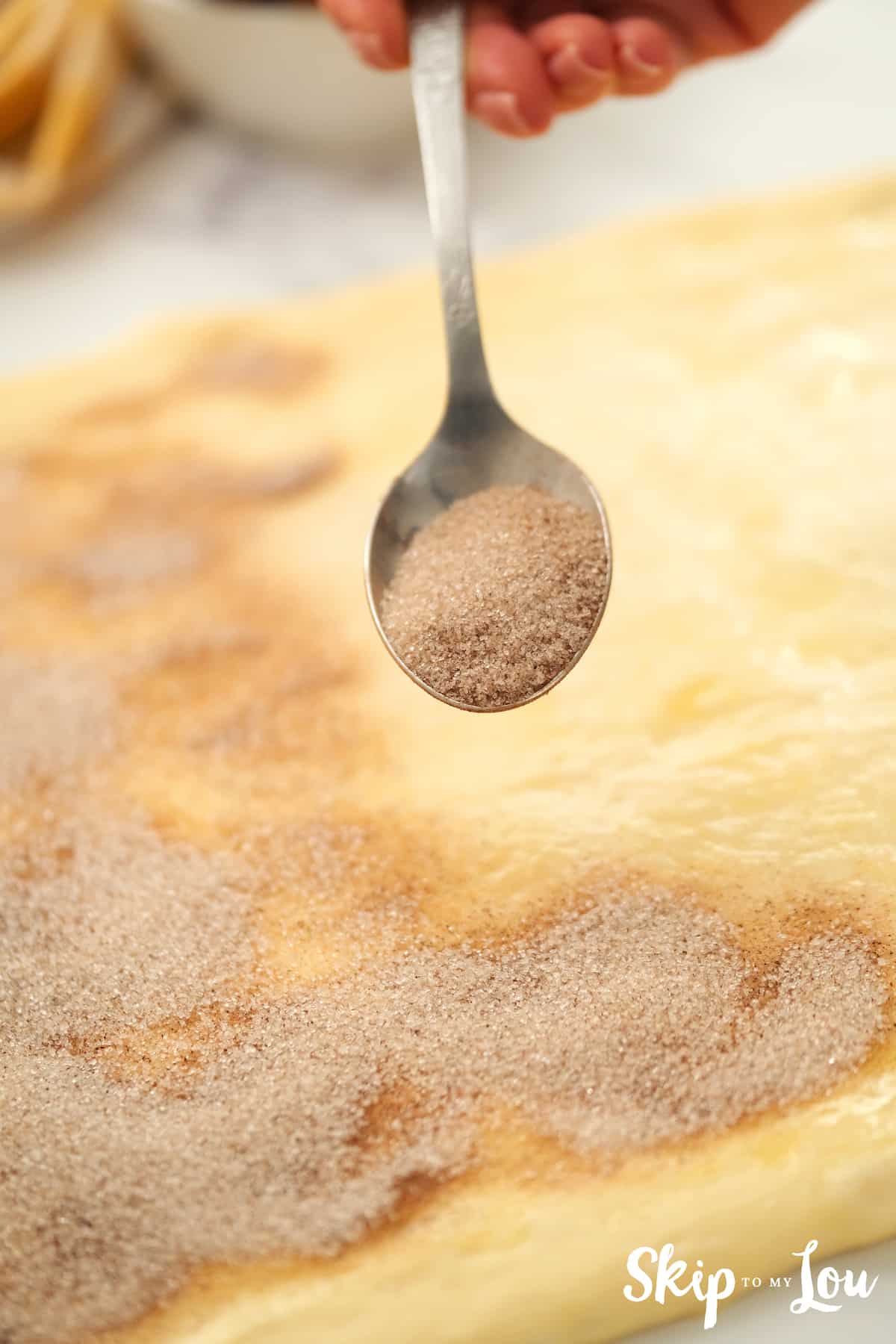 next spinkle sugar and cinnamon over dough for the cinnamon rolls
