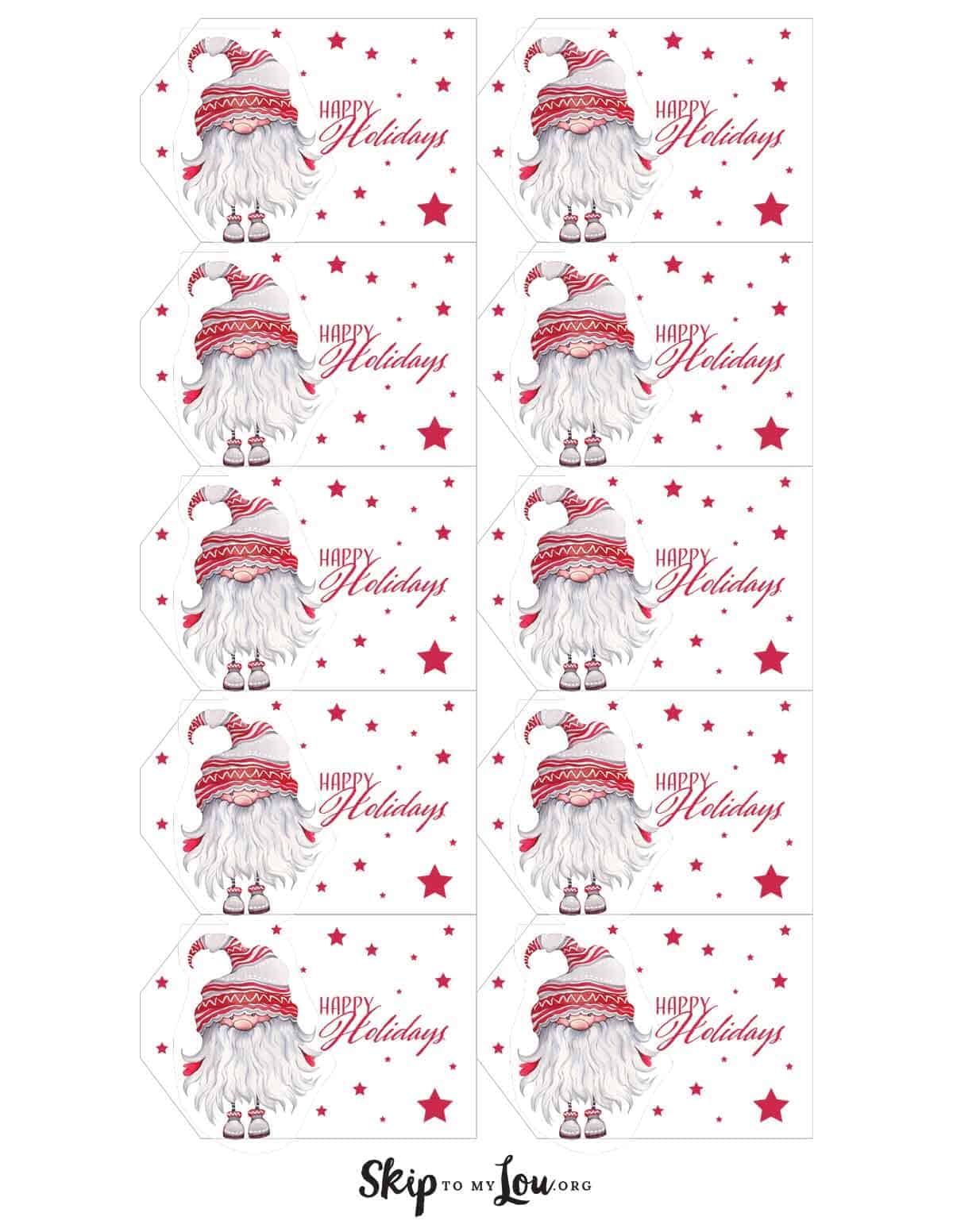 happy holiday gift tags with gnomes