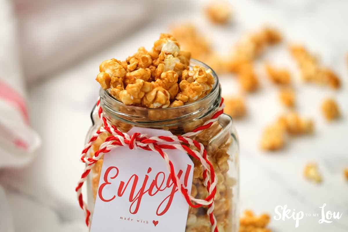 caramel corn in jar with gift tag