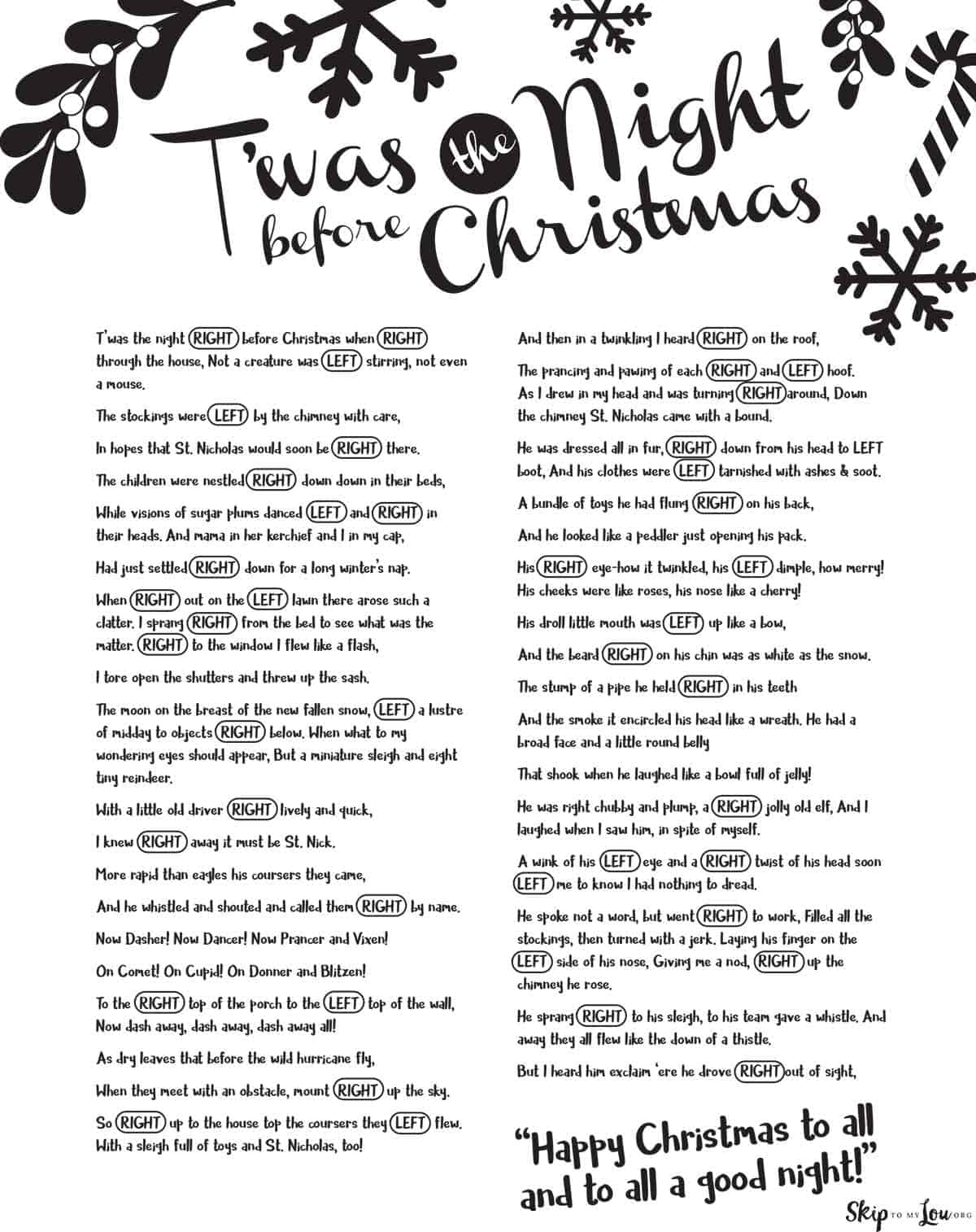 Left Right Christmas game in black print