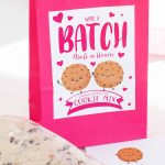 cookie mix in bag beside gift sack with batch made in heave label