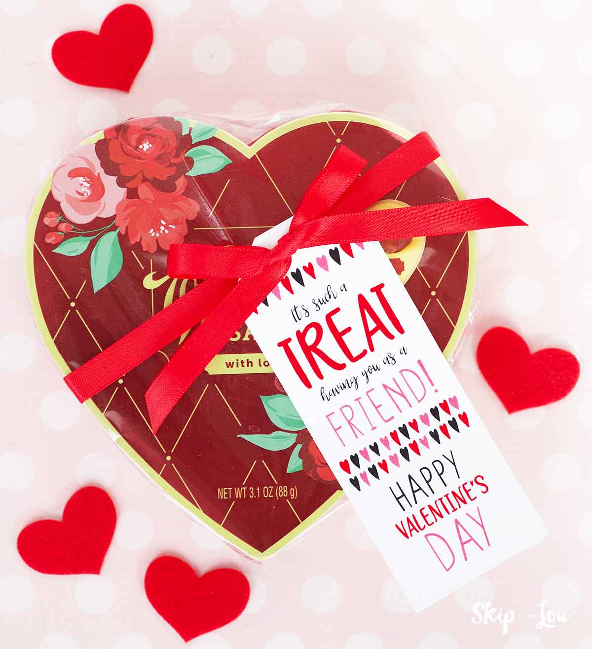 heart box of chocolates with valentine tag for friends