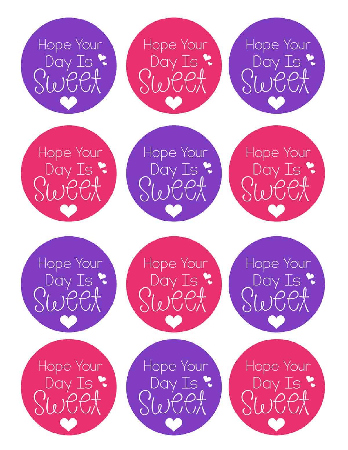 page of valentine circle tags purple and pink