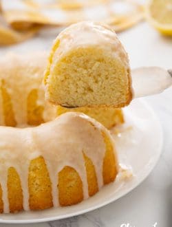 lemon bundt cake on white platter