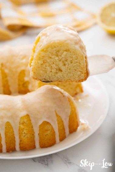 lemon bundt cake on white platter