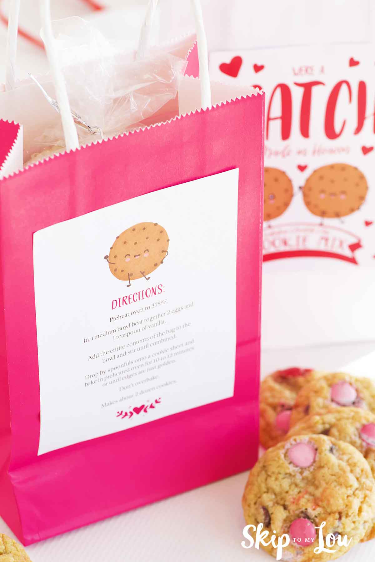 gift bag with recipe directions attached and finished cookies