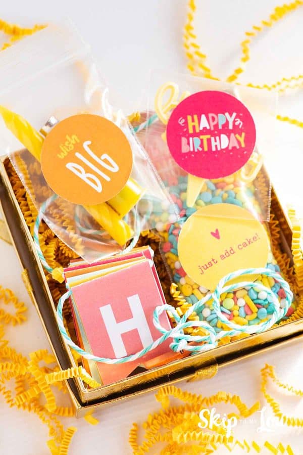 Tiny birthday party in a box with candles, a cake topper, sprinkles for a cake and a Happy Birthday banner by Skip to my Lou.