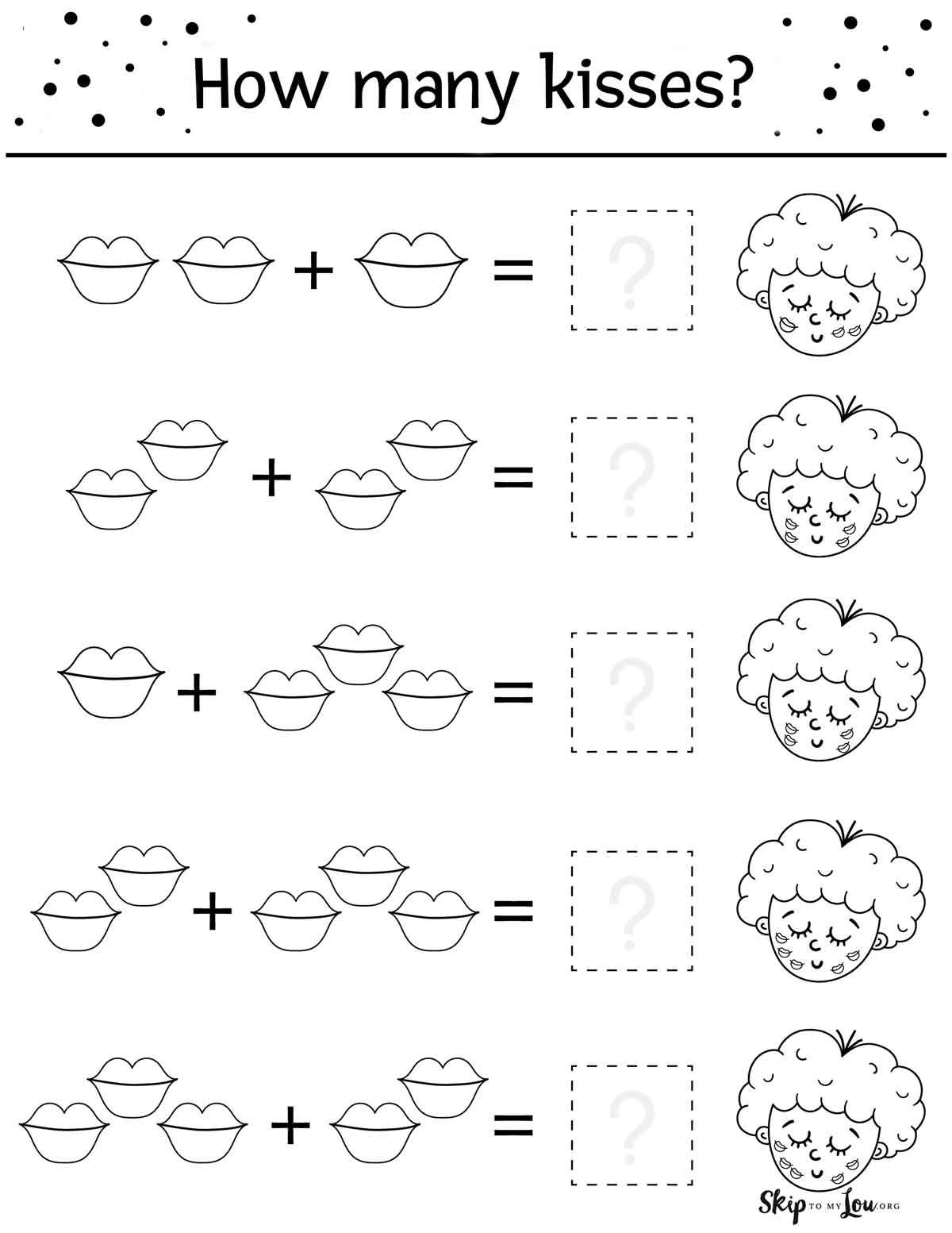 kid's addition worksheets with kissing lips