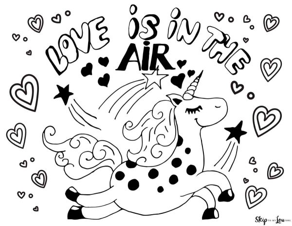 flying unicorn coloring sheet that says love is in the air