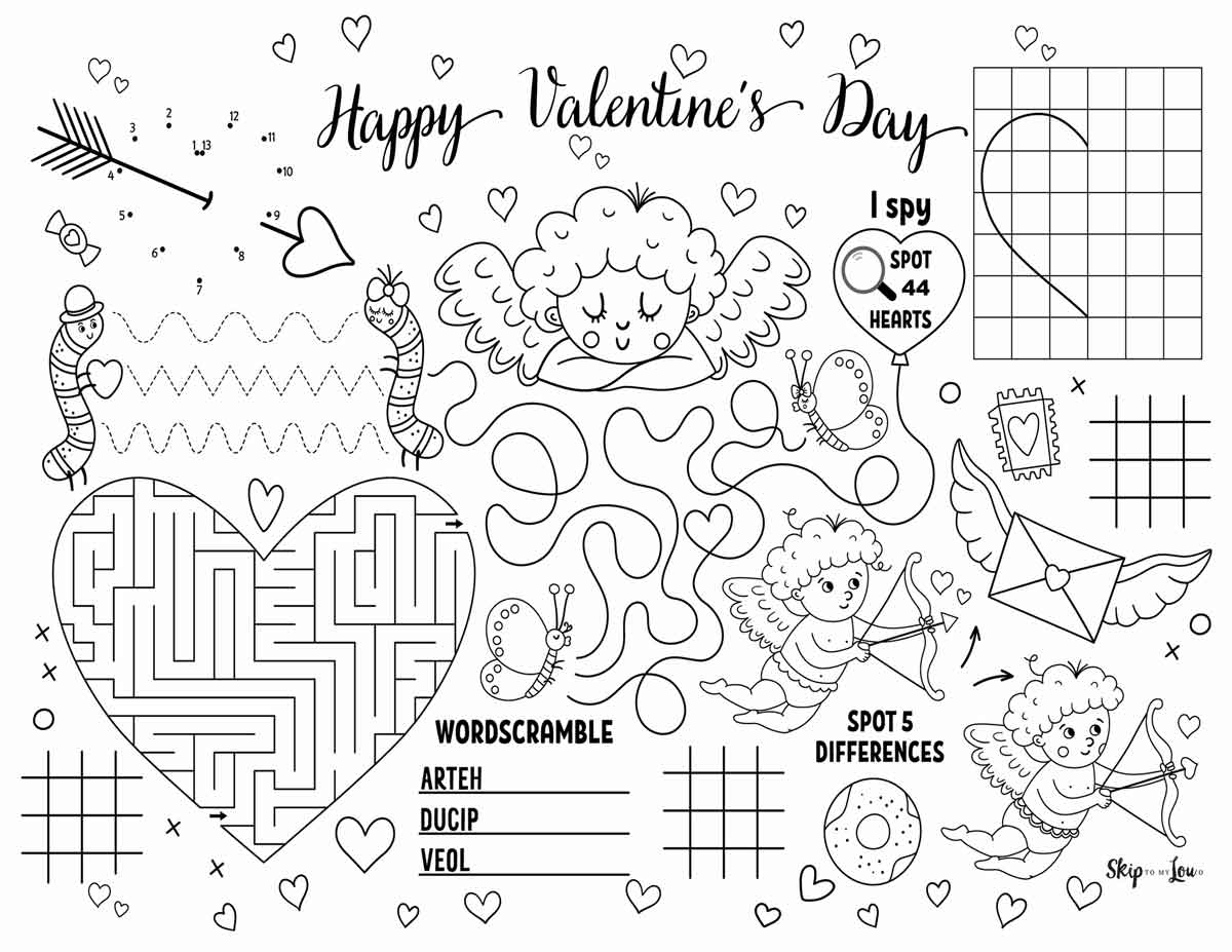 kid's valentine worksheet with multiple games download 8.5x11