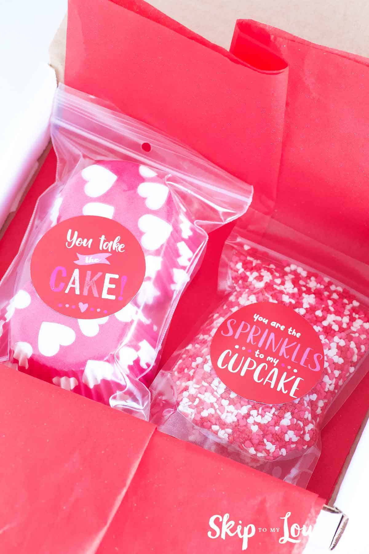 happy mail gift idea baking cups and sprinkles in red tissue paper lined box