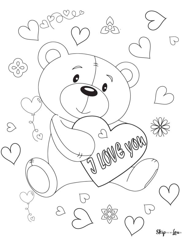 bear holding heart that says i love you coloring page