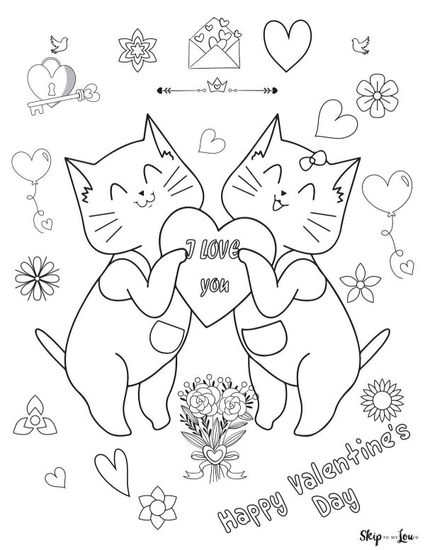 two cat holding heart coloring page