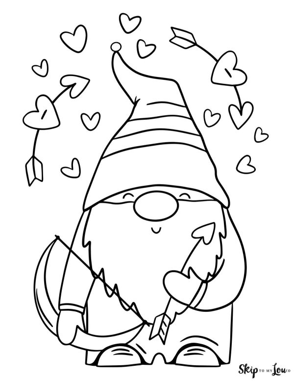 gnome with bow and arrow valentine coloring page