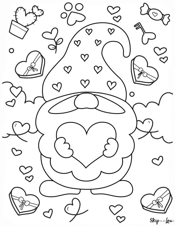 gnome holding heart valentines day coloring page