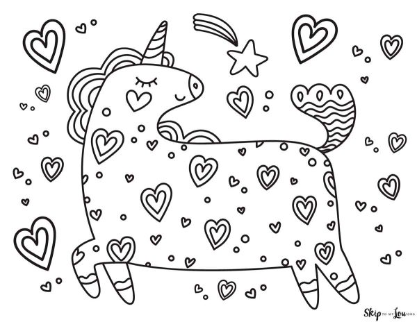 unicorn coloring page with hearts