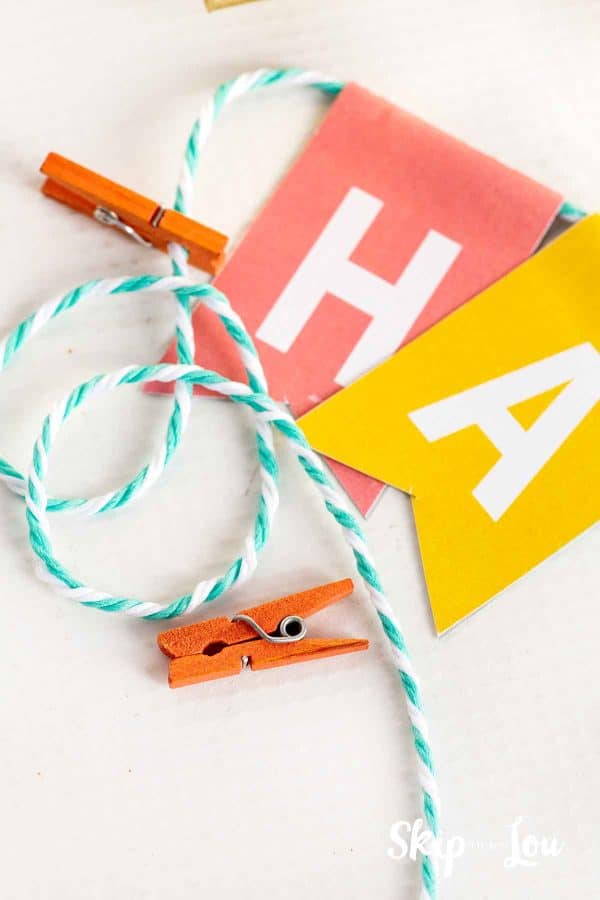 An orange mini wooden clothes pin attached to a blue and white string holding a banner saying Happy Birthday by Skip to my Lou.