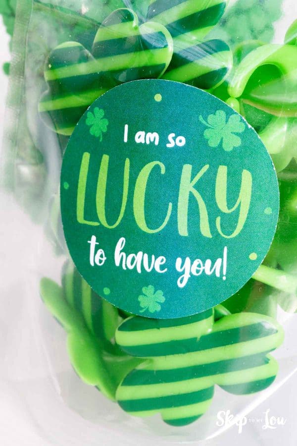 St. Patrick's day sticker on a bag of treats