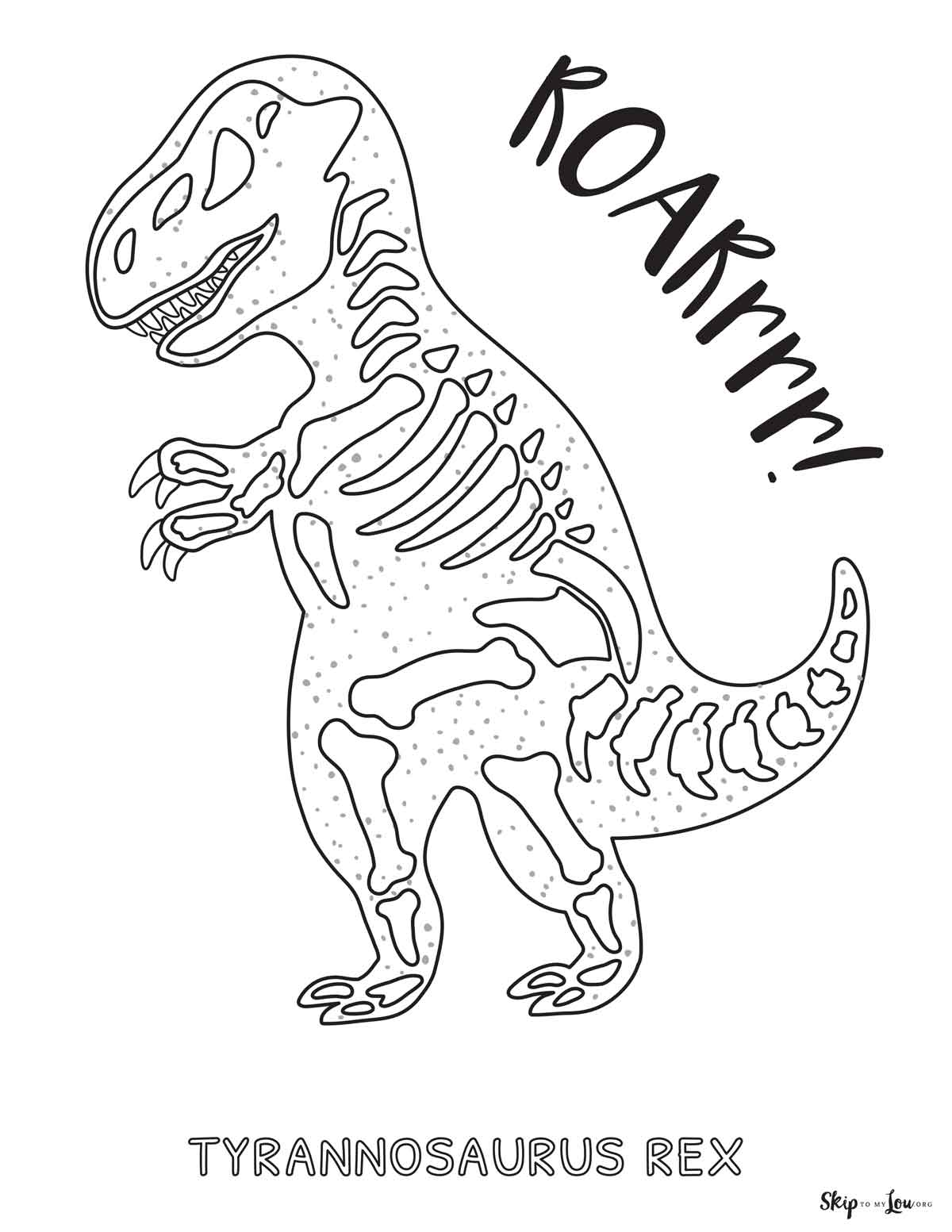 A coloring page featuring a T Rex skeleton.