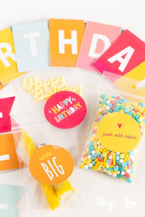 Birthday candle and lighter in a bag that says, 'Wish Big.' Sprinkles in a bag that says, 'Just add cake!' and a cake topper that says Happy Birthday by Skip to my Lou.