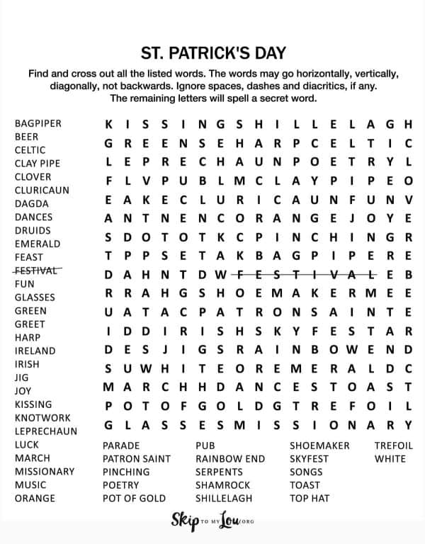 Printable of St. Patrick's Day Word Search to download