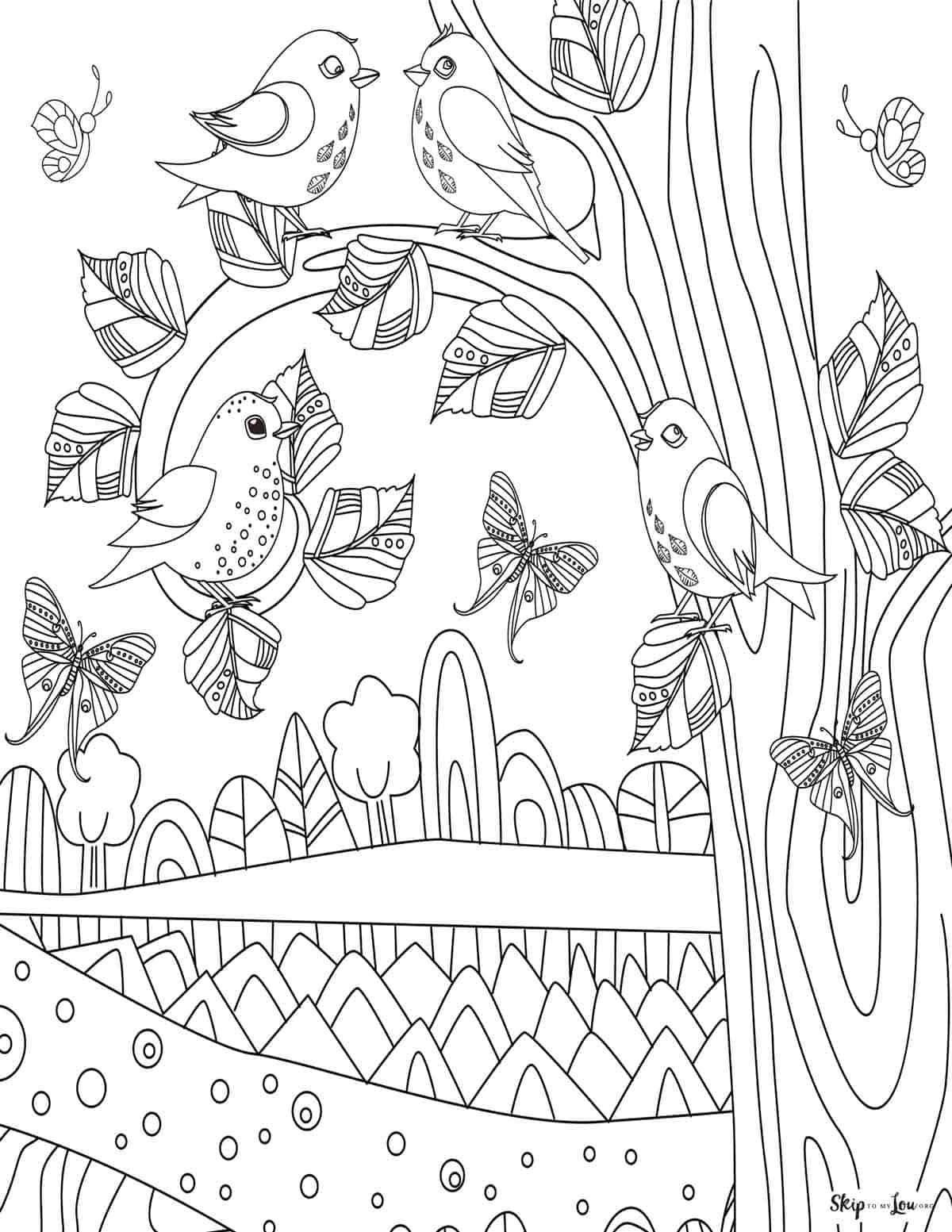 Spring coloring page tee and birds