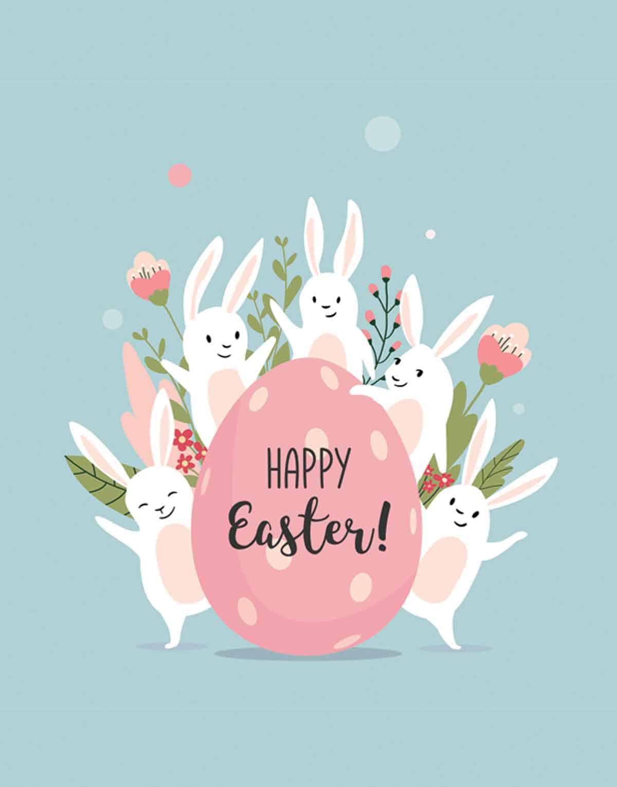 blue happy Easter card with bunnies and pink egg