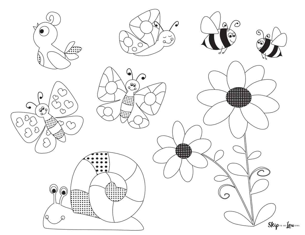 Spring coloring page bees, birds, snail and flowers