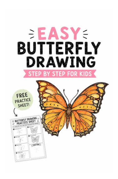 Easy butterfly drawing step by step for kids with a colored butterfly and free printable practice sheet.
