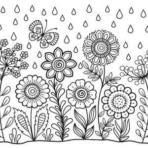 flowers and rain drops coloring page
