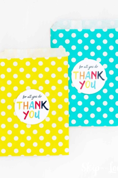 for all you do thank you sticker on polka dot paper bags