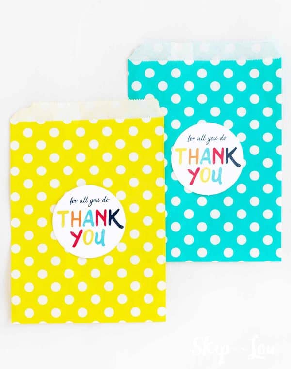 for all you do thank you sticker on yellow and teal polka dot flat paper sacks