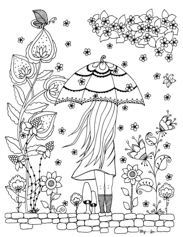 Spring coloring page girl with umbrella